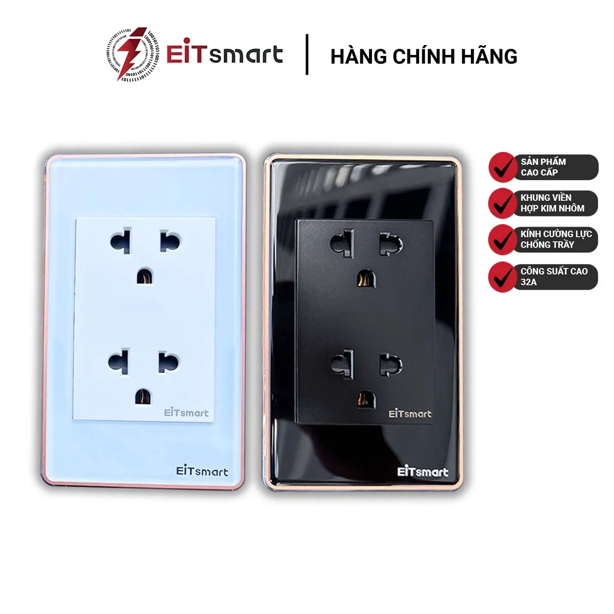 Ổ cắm đôi 3 chấu EITsmart mặt kính cường lực viền nhôm 16A EOL2602