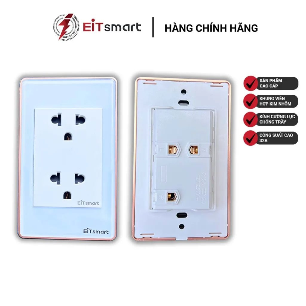 Ổ cắm đôi 3 chấu EITsmart mặt kính cường lực viền nhôm 16A EOL2602