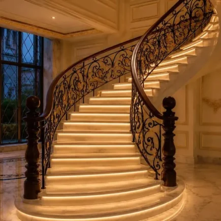 Cầu thang đá marble lắp đặt hoàn thiện đèn LED bậc thang thông minh chiếu sáng ánh vàng ấm