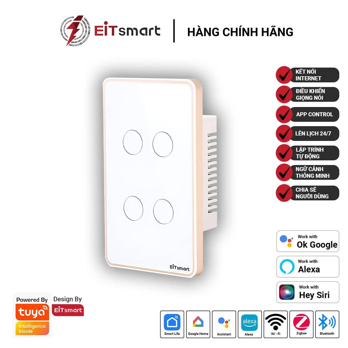 Công tắc cảm ứng thông minh wifi 4 nút F-Glass EITsmart, điều khiển từ xa qua điện thoại, mặt kính cường lực chống trầy, viền nhôm, chính hãng EITsmart - Hình 1