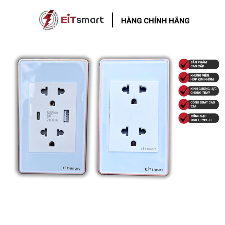 Ổ cắm đôi 3 chấu EITsmart Mặt kính chống trầy Viền nhôm - Hình ảnh 4