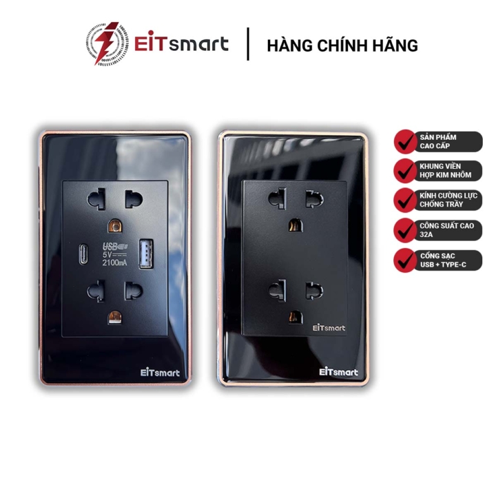Ổ cắm đôi 3 chấu EITsmart Mặt kính chống trầy Viền nhôm - Hình ảnh 3