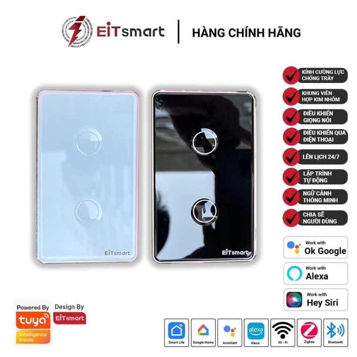 Công tắc thông minh WiFi 2 nút EITsmart Kính lõm Chống trầy