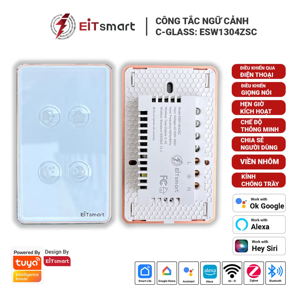 Công tắc ngữ cảnh cảm ứng thông minh Zigbee 4 nút ngữ cảnh cao cấp, điều khiển từ xa qua điện thoại, mặt kính lõm cường lực chống trầy, viền nhôm - Hình 6