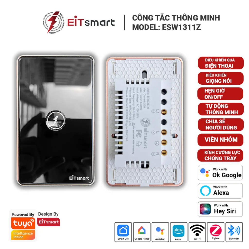 Công tắc thông minh Zigbee công suất cao EITsmart ESW1311Z kính cường lực viền nhôm