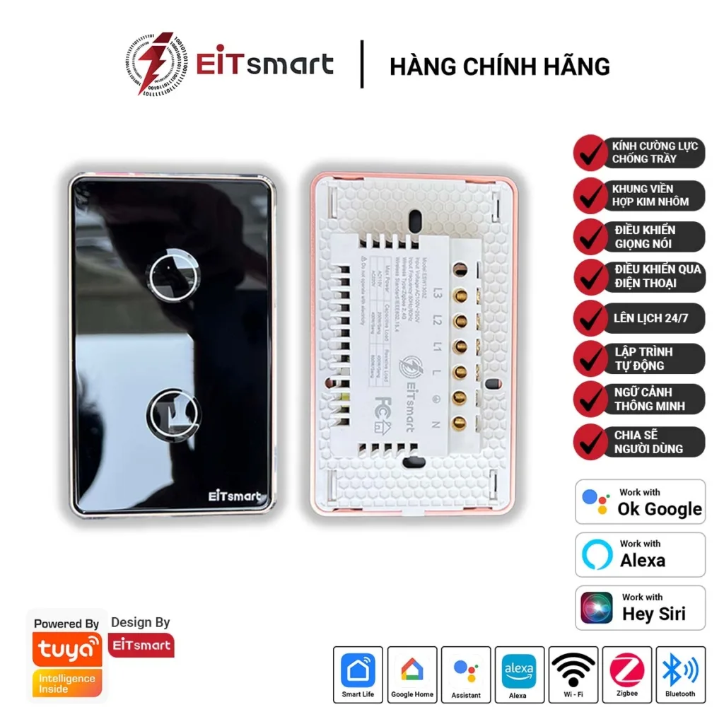Công tắc thông minh WiFi EITsmart ESW1302W 2 nút kính lõm chống trầy