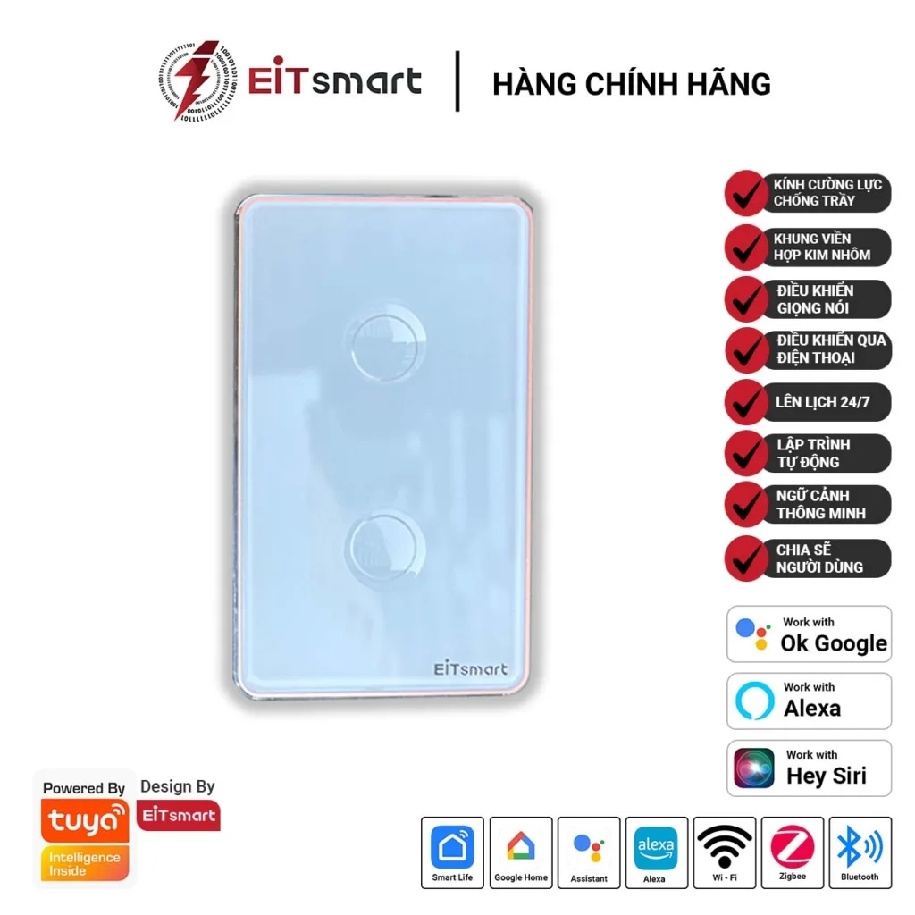 Công tắc thông minh WiFi EITsmart ESW1302W 2 nút kính lõm chống trầy