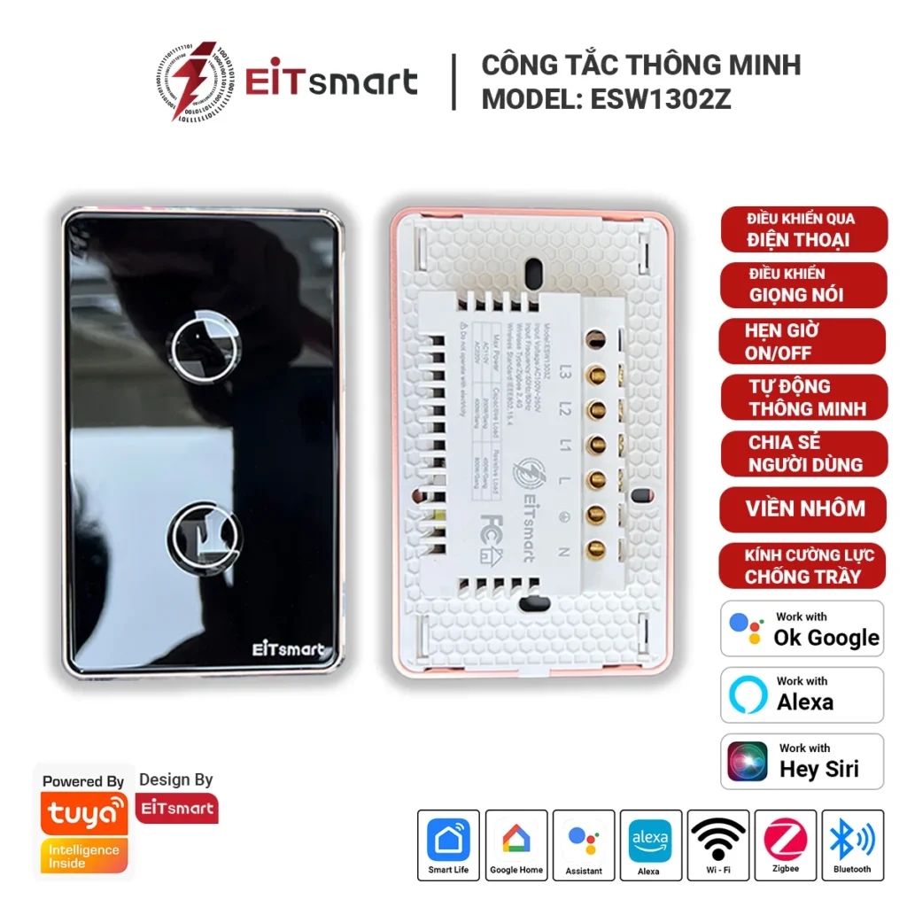 Công tắc thông minh Zigbee 2 nút kính lõm chống trầy, viềm nhôm cao cấp, điều khiển từ xa qua điện thoại.