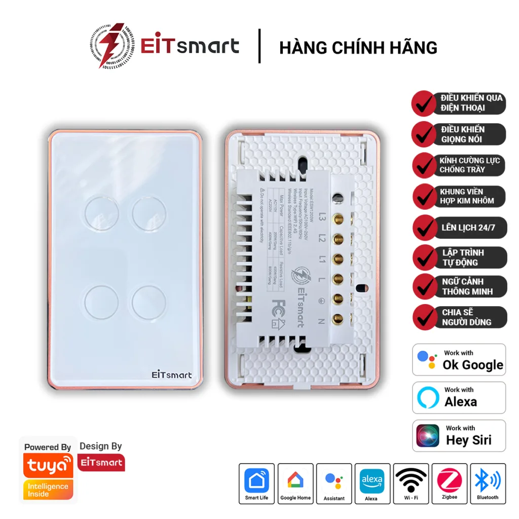 Công tắc cảm ứng thông minh Zigbee 4 nút cao cấp, điều khiển từ xa qua điện thoại, mặt kính lõm cường lực chống trầy, viền nhôm - Hình 7