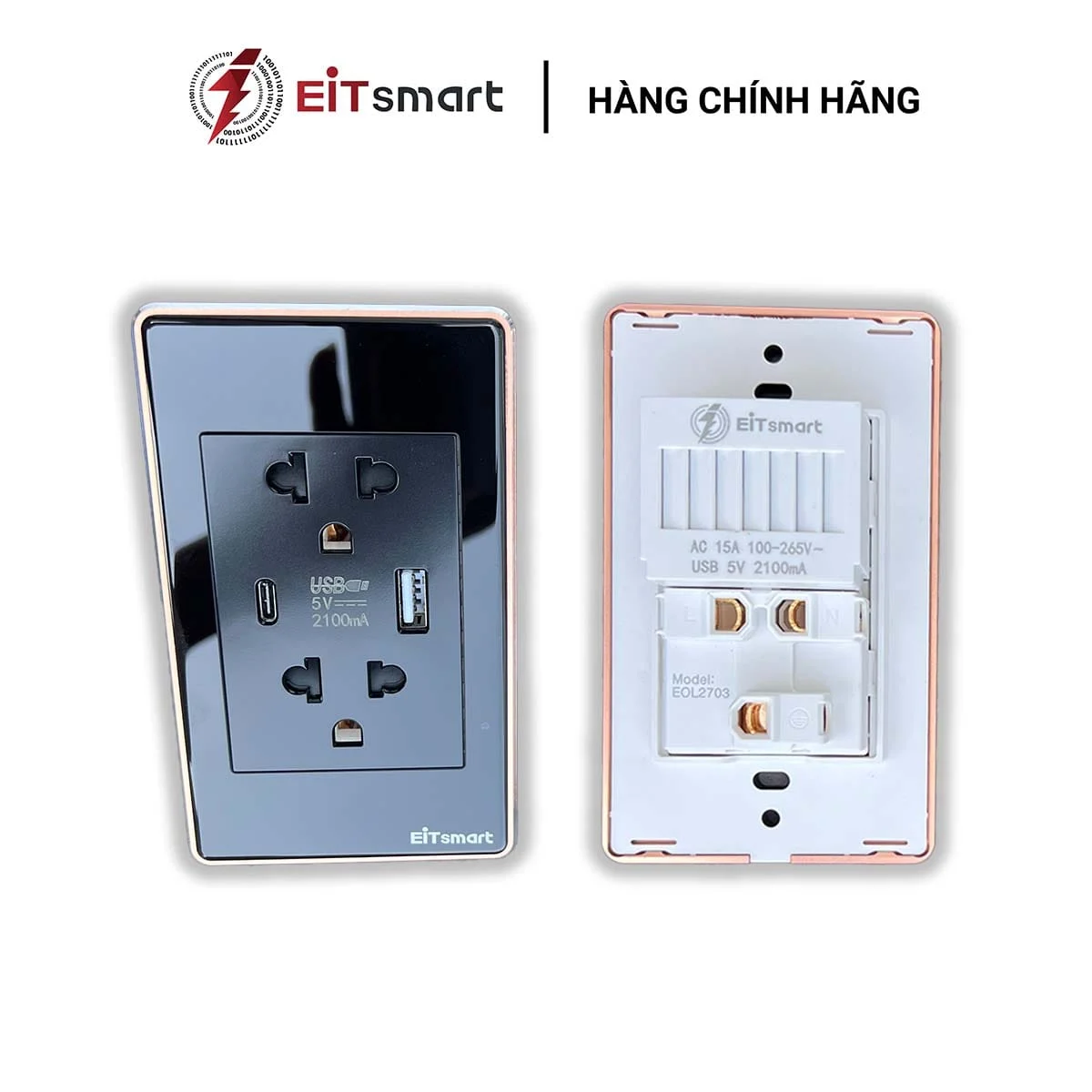 Ổ cắm điện đôi âm tường có cổng USB Type C EOL2703, mặt kính cường lực chống trầy, viền nhôm - Hình 8