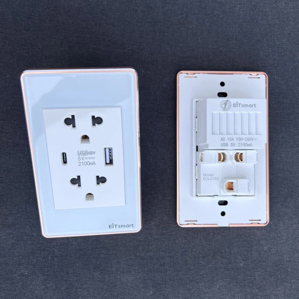 Ổ cắm điện đôi âm tường EOL2703 tích hợp cổng sạc USB Type C, mặt kính cường lực chống trầy xước, viền nhôm cao cấp. Ổ cắm 3 chấu có USB Type-C F-Glass EOL2703, mặt kính cường lực chống trầy, viền nhôm