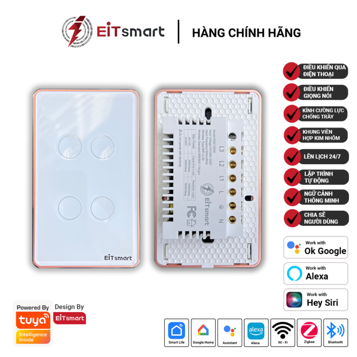 Công tắc thông minh WiFi 4 nút EITsmart Kính lõm Chống trầy - Hình ảnh 3