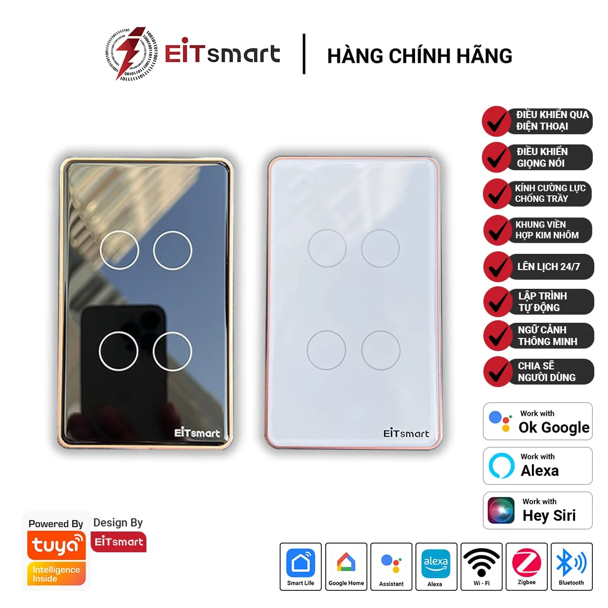 Công tắc cảm ứng thông minh wifi 4 nút F-Glass EITsmart, điều khiển từ xa qua điện thoại, mặt kính cường lực chống trầy, viền nhôm, chính hãng EITsmart - Hình 2