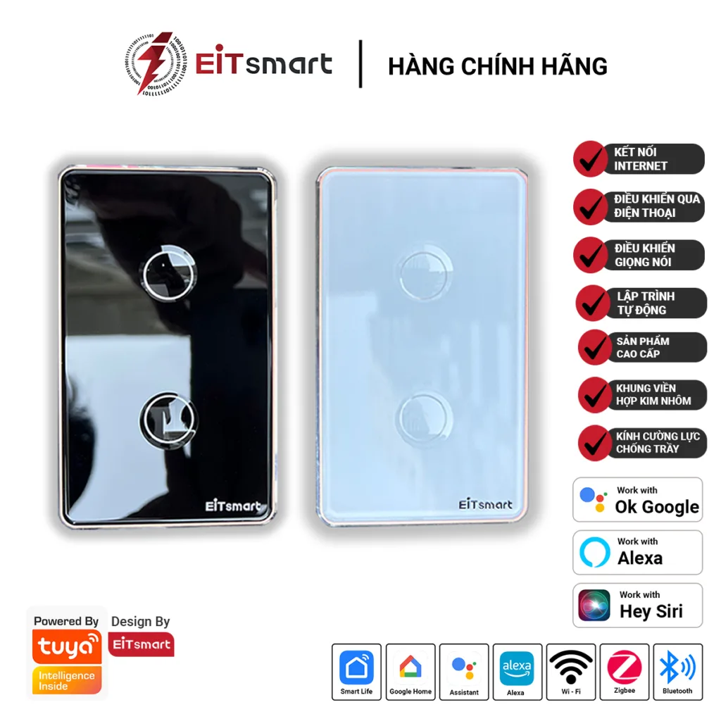 Công tắc bình nóng lạnh WiFi EITSmart ESW1311Z-1 kính cường lực viền nhôm