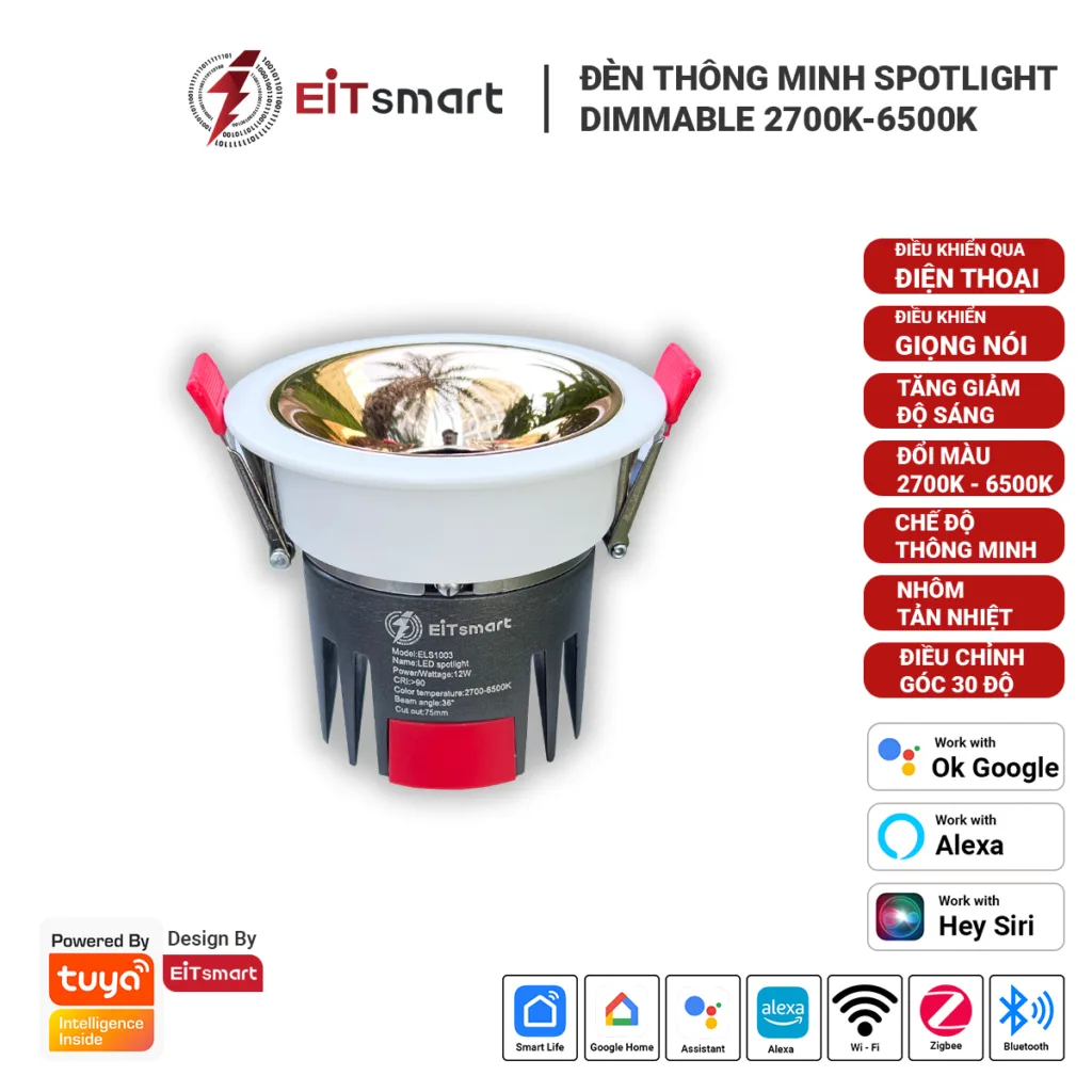 Đèn spotlight thông minh Bluetooth Mesh 12W, âm trần, tăng giảm cường độ sáng, thay đổi nhiệt độ màu từ 2700K đến 6500K (vàng ấm đến trắng), điều khiển từ xa qua điện thoại, chỉnh góc 30 độ, chống chói, chống mõi mắt, cao cấp chính hãng EITsmart - Hình 13