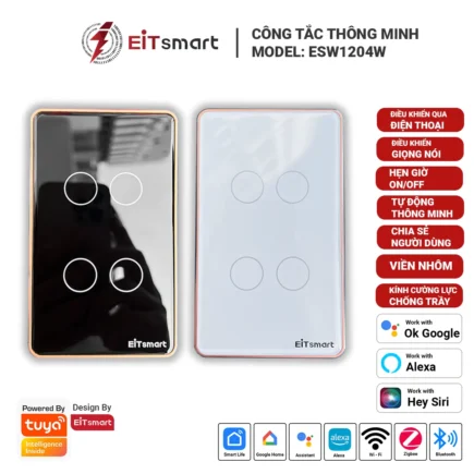 Công tắc thông minh WiFi 4 nút EITSmart kính chống trầy viền nhôm ESW1204W