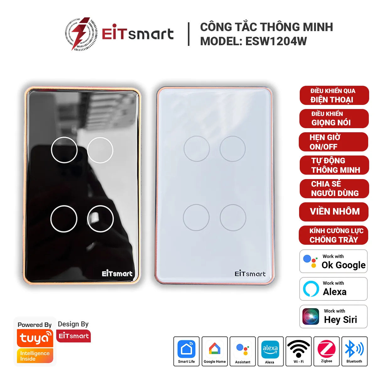 Công tắc thông minh WiFi 4 nút EITSmart kính chống trầy viền nhôm ESW1204W