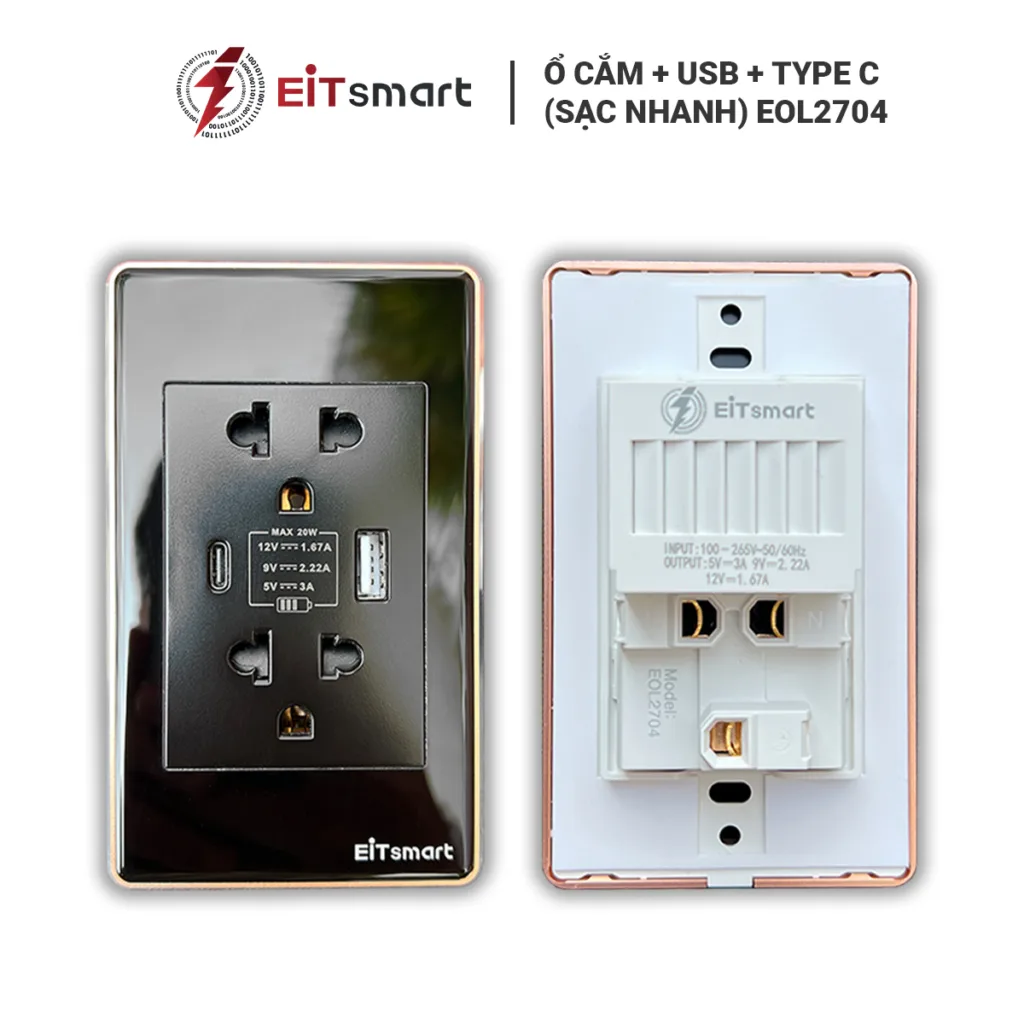 Ổ cắm điện đôi 3 chấu âm tường có cổng USB Type C sạc nhanh, mặt kính cường lực chống trầy, viền nhôm - Hình 12