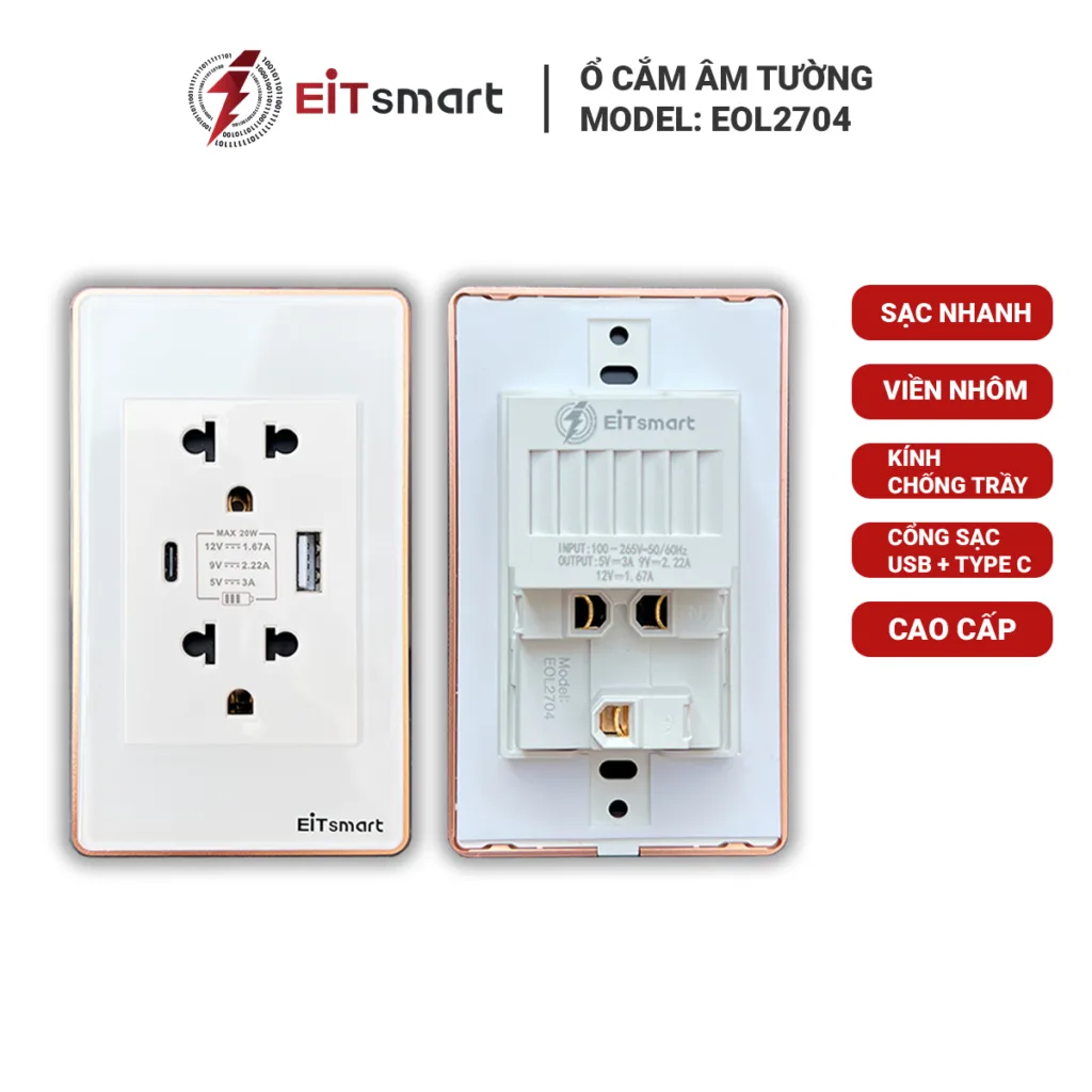 Ổ cắm điện đôi 3 chấu âm tường có cổng USB Type C sạc nhanh, mặt kính cường lực chống trầy, viền nhôm - Hình 13
