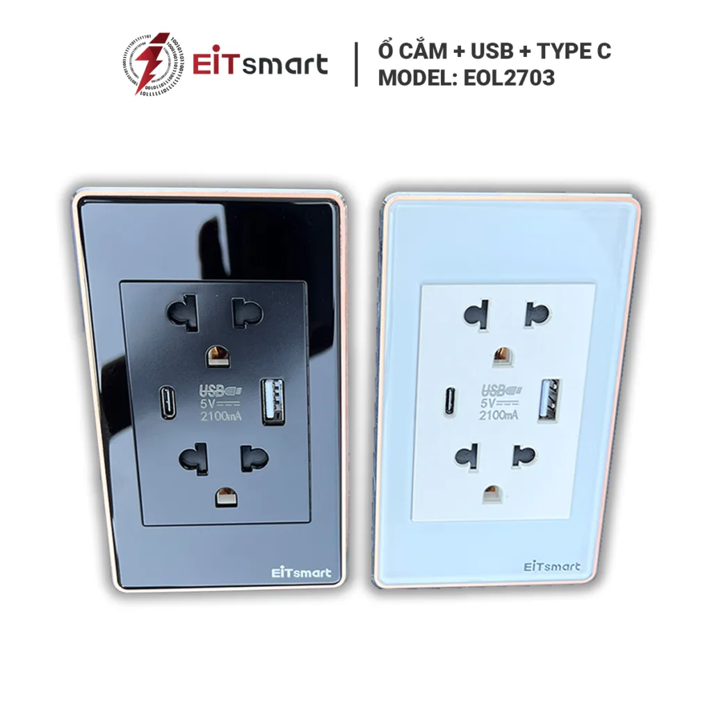 Ổ cắm điện đôi âm tường có cổng USB Type C EOL2703, mặt kính cường lực chống trầy, viền nhôm - Hình 30