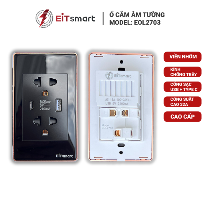 Ổ cắm có sạc USB Type-C EITsmart Kính chống trầy Viền nhôm - Hình ảnh 3