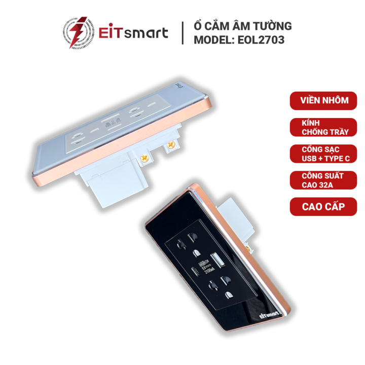 Ổ cắm có sạc USB Type-C EITsmart Kính chống trầy Viền nhôm - Hình ảnh 2