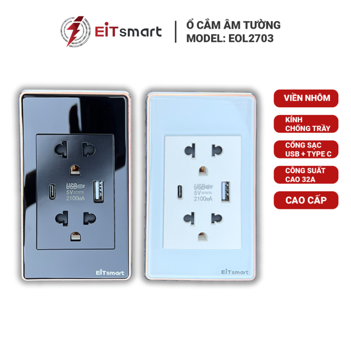 Ổ cắm có sạc USB Type-C EITsmart Kính chống trầy Viền nhôm - Hình ảnh 4