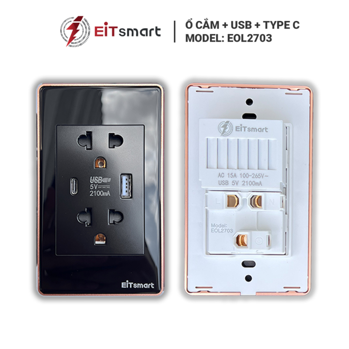Ổ cắm có sạc USB Type-C EITsmart Kính chống trầy Viền nhôm - Hình ảnh 5