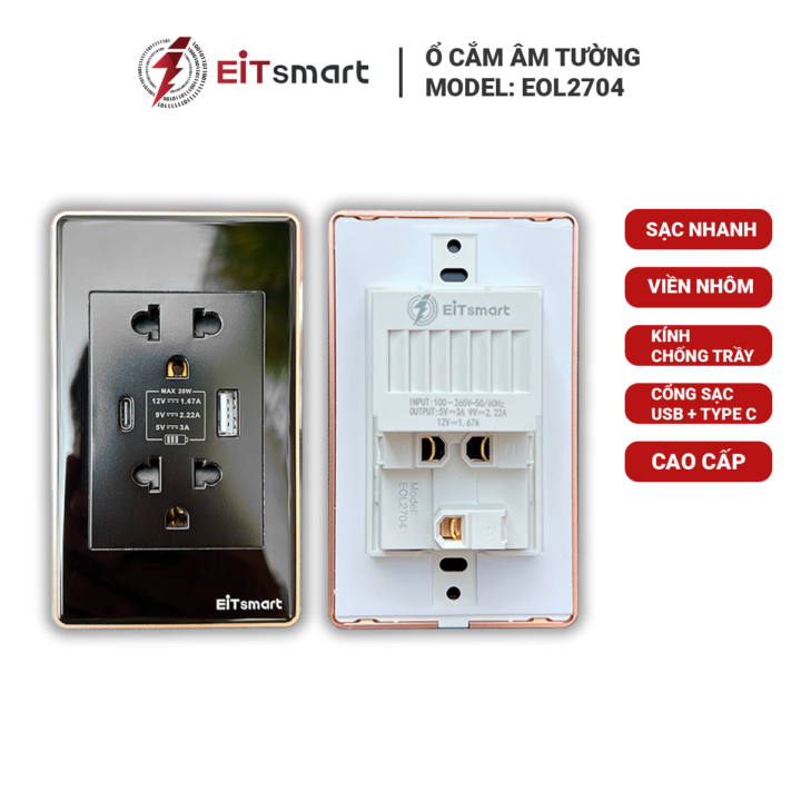 Ổ cắm USB Type-C Sạc nhanh EITsmart Kính chống trầy Viền nhôm - Ảnh 3