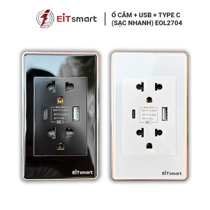 Ổ cắm USB Type-C Sạc nhanh EITsmart Kính chống trầy Viền nhôm - Ảnh 2