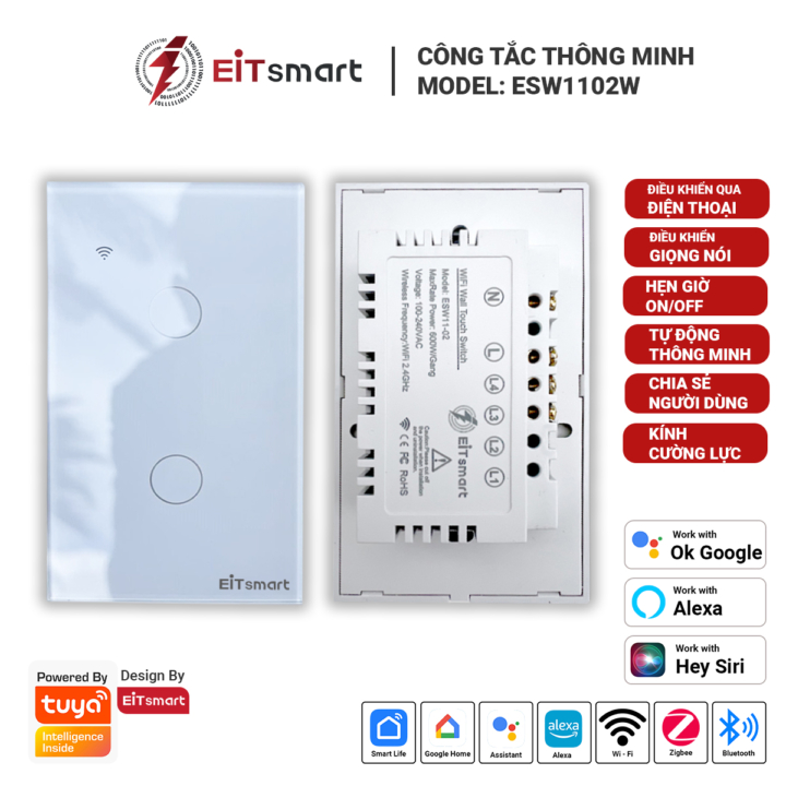 Công tắc thông minh WiFi 2 nút EITsmart Mặt kính tràn viền - Ảnh 3