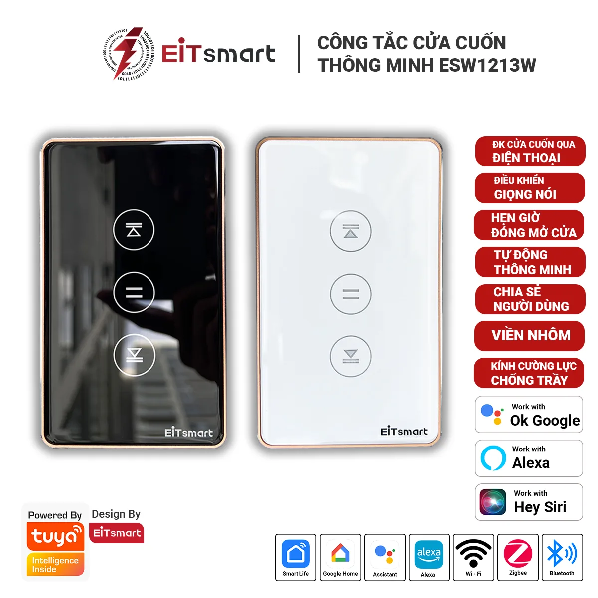 Công tắc cửa cuốn thông minh WiFi EITSmart ESW1213W kính cường lực viền nhôm