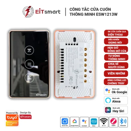 Công tắc cửa cuốn thông minh WiFi EITSmart ESW1213W kính cường lực viền nhôm