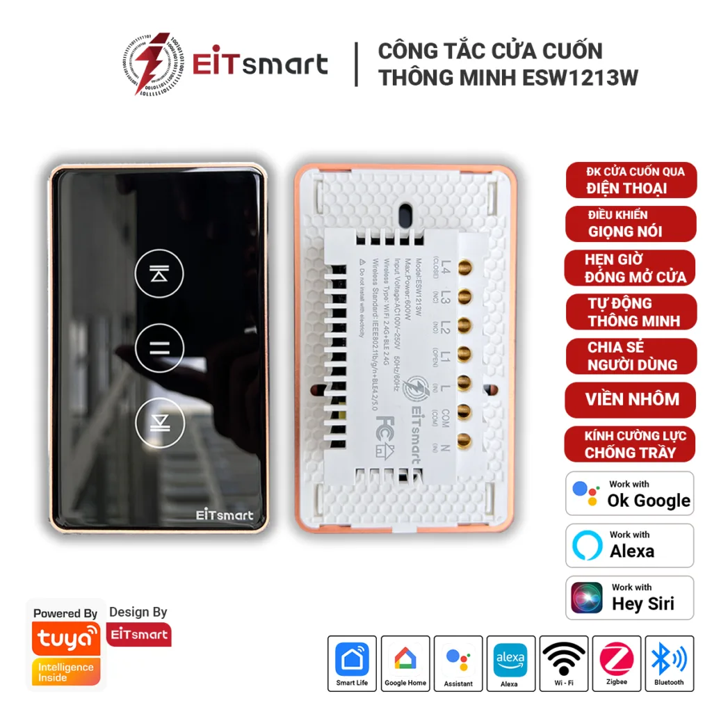Công tắc cửa cuốn thông minh WiFi EITSmart ESW1213W kính cường lực viền nhôm