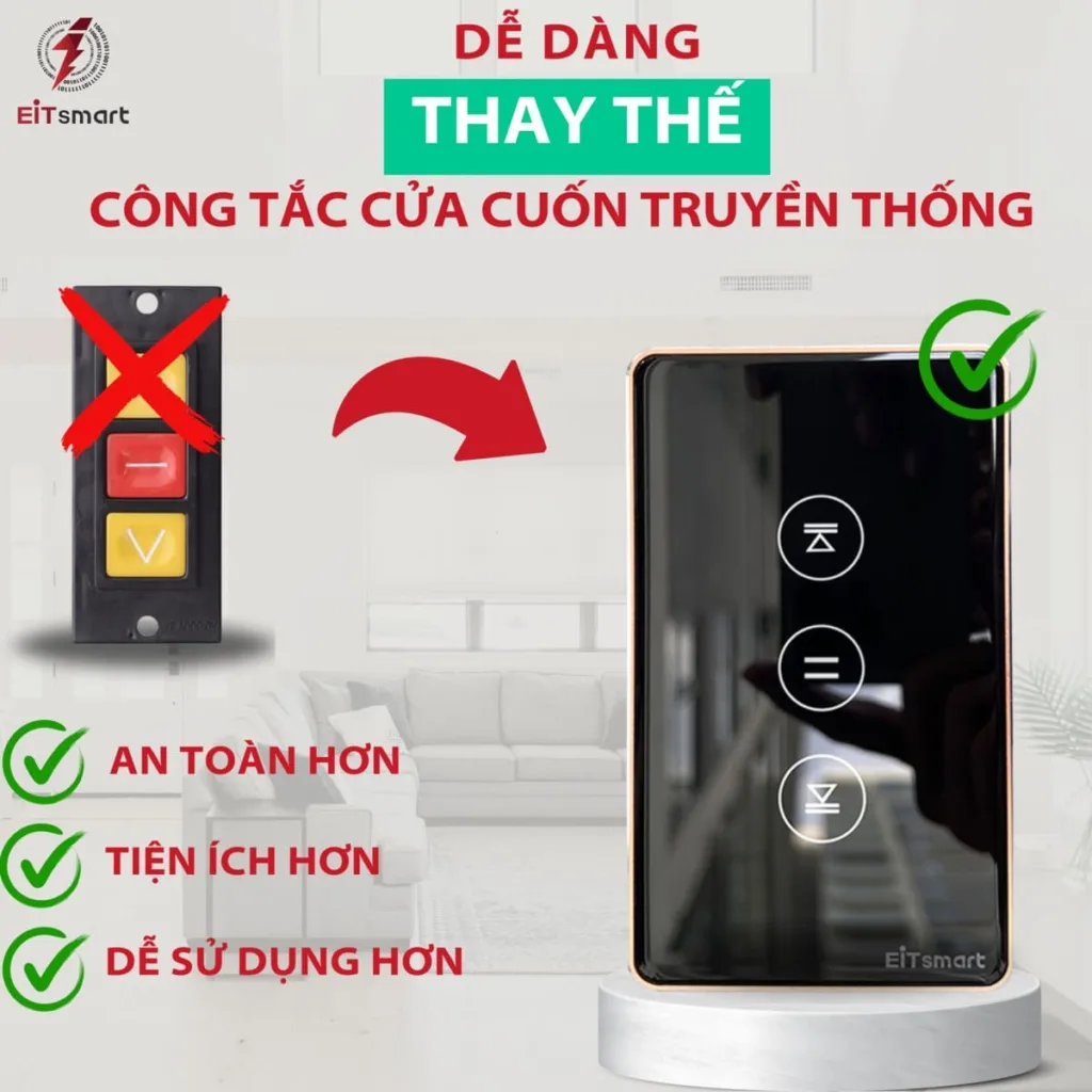 Công tắc cửa cuốn thông minh WiFi EITSmart ESW1213W-ESW1223 kính cường lực viền nhôm
