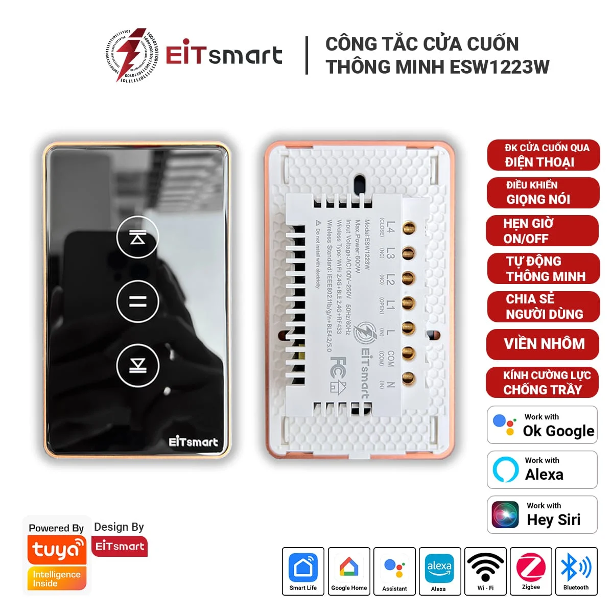 Công tắc điều khiển cửa cuốn thông minh Wifi + Bluetooth có hỗ trợ RF và khóa cảm ứng chống đột nhập, cao cấp, điều khiển từ xa qua điện thoại, remote RF cầm tay, mặt kính lõm cường lực chống trầy, viền nhôm - Hình 8
