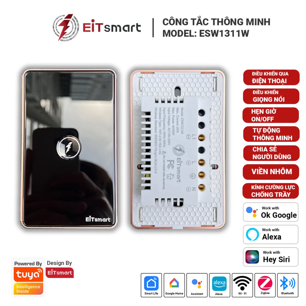 Công tắc thông minh công suất cao WiFi EITSmart ESW1311W mặt kính viền nhôm