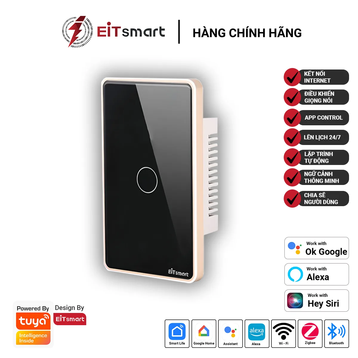 Công tắc thông minh WiFi 1 nút EITSmart kính chống trầy viền nhôm ESW1201W