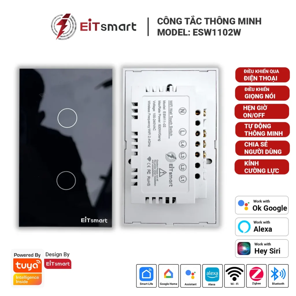Công tắc thông minh WiFi EITSmart 2 nút mặt kính Full Glass ESW1102