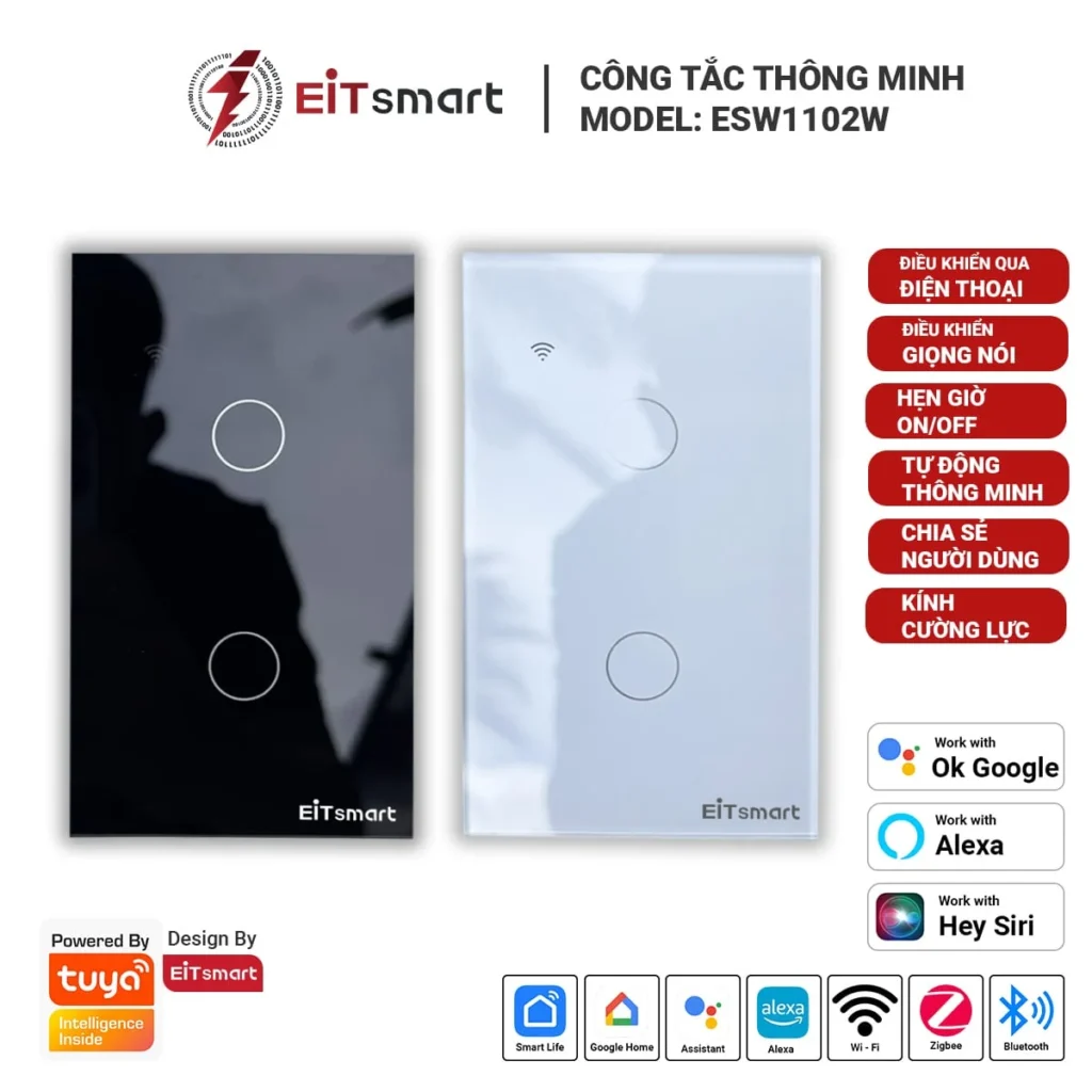 Công tắc thông minh wifi 2 nút Full-Glass EITsmart ESW1102W, mặt kính cường lực tràn viền, chính hãng EITsmart. Công tắc thông minh wifi 2 nút mặt kính tràn viền Full-Glass chính hãng EITsmart ESW1102W