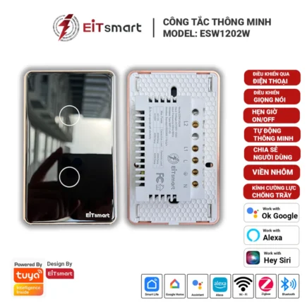 Công tắc thông minh WiFi 2 nút EITSmart kính chống trầy viền nhôm ESW1202W