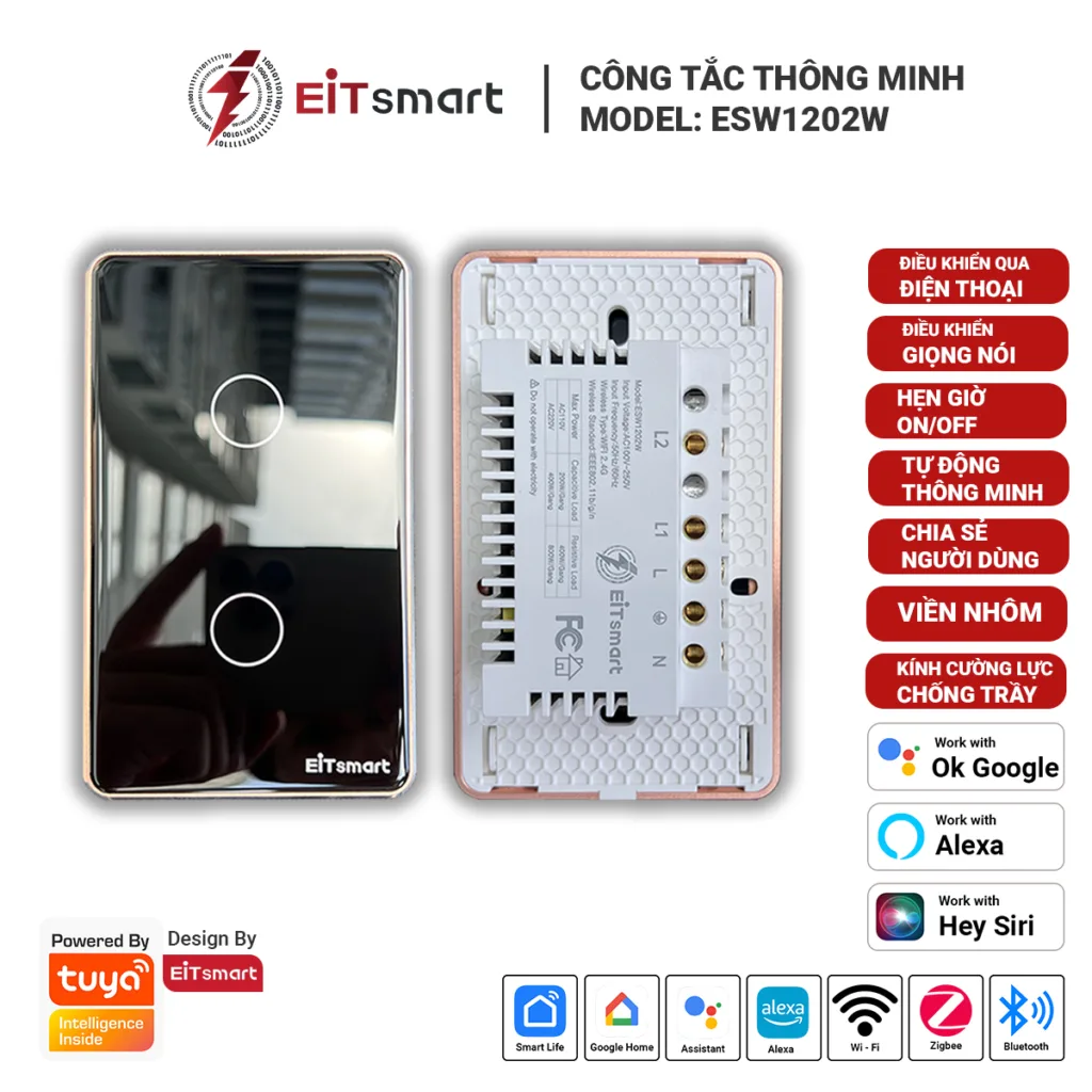Công tắc thông minh WiFi 2 nút EITSmart kính chống trầy viền nhôm ESW1202W