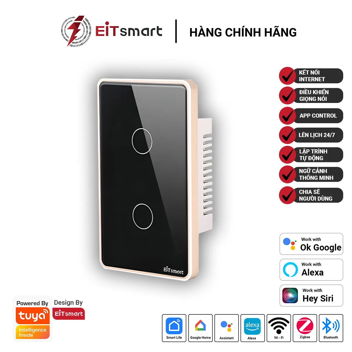 Công tắc thông minh WiFi 2 nút EITSmart kính chống trầy viền nhôm ESW1202W
