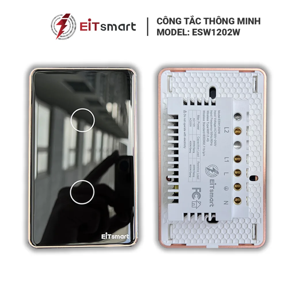 Công tắc thông minh WiFi 2 nút EITSmart kính chống trầy viền nhôm ESW1202W