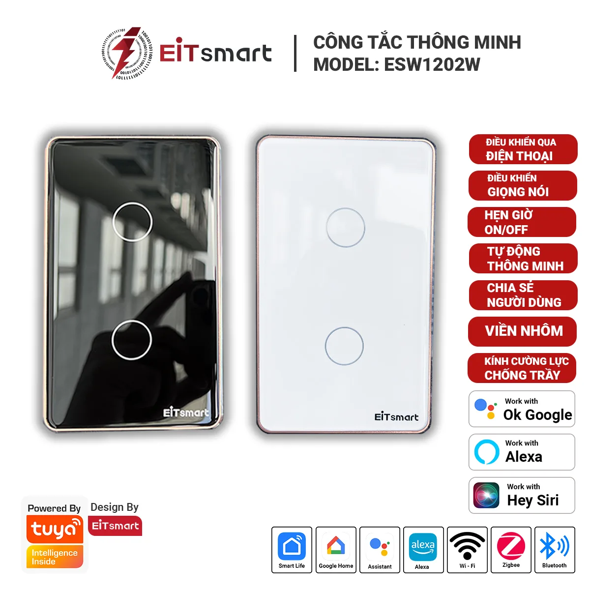Công tắc thông minh WiFi 2 nút EITSmart kính chống trầy viền nhôm ESW1202W