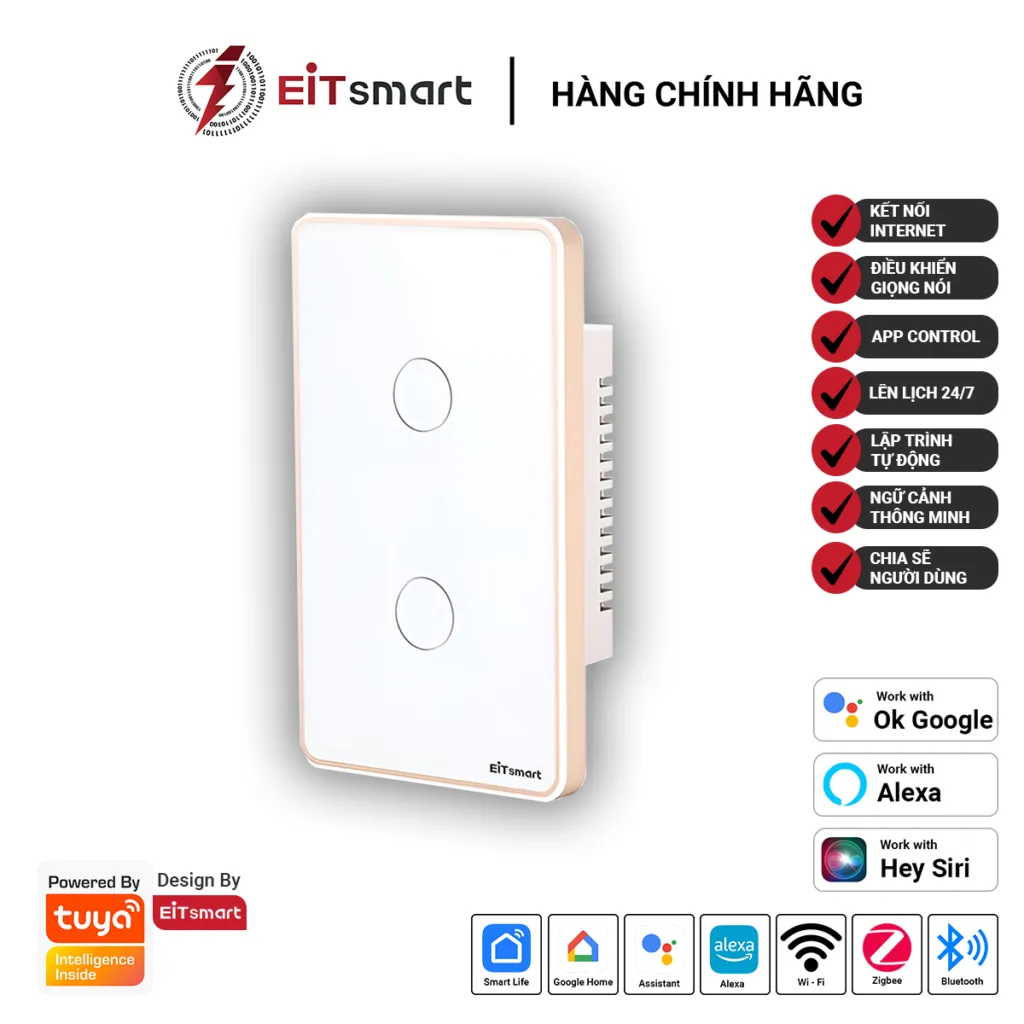 Công tắc thông minh WiFi 2 nút EITSmart kính chống trầy viền nhôm ESW1202W