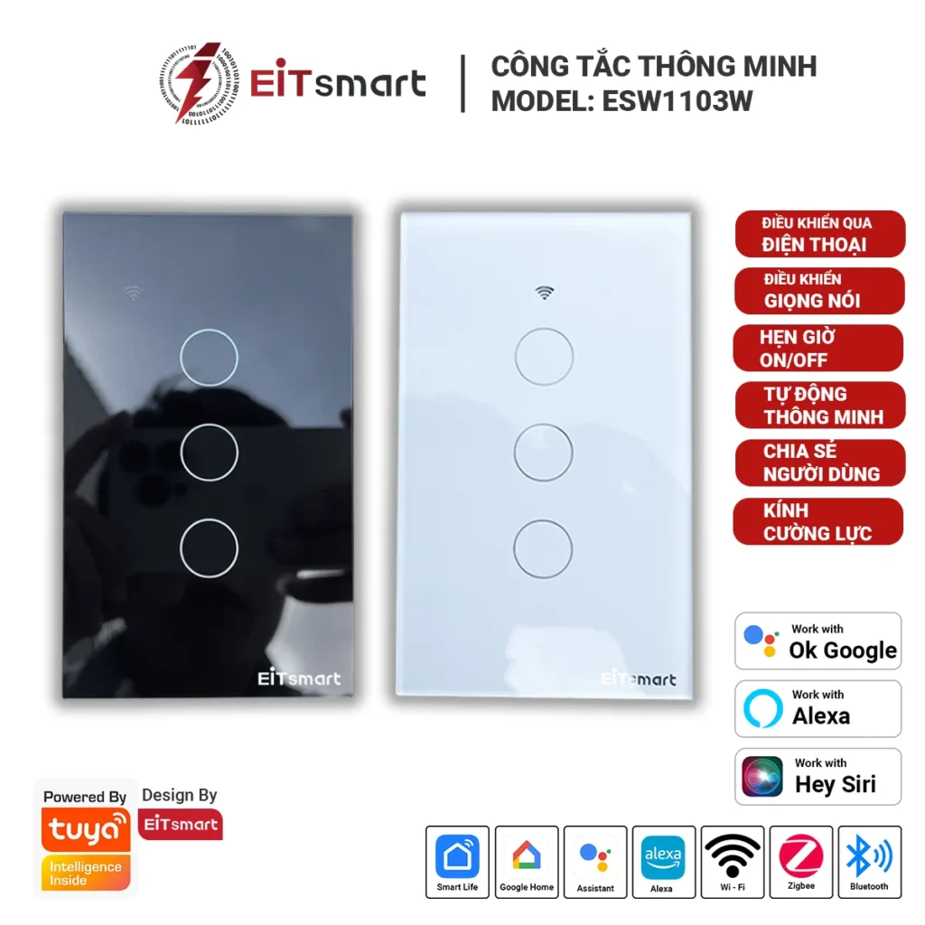 Công tắc thông minh wifi 3 nút mặt kính tràn viền Full-Glass chính hãng EITsmart