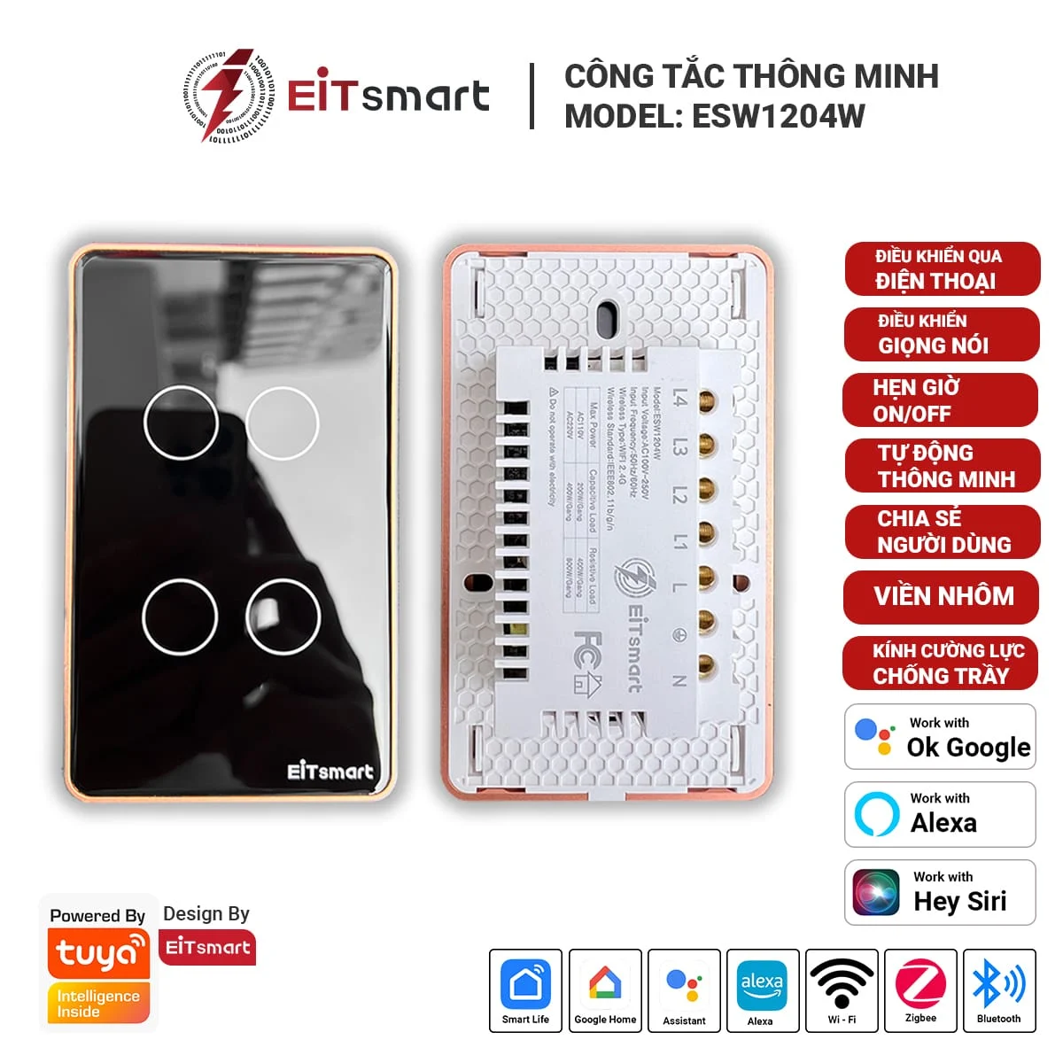 Công tắc cảm ứng thông minh wifi 4 nút F-Glass EITsmart, điều khiển từ xa qua điện thoại, mặt kính cường lực chống trầy, viền nhôm, chính hãng EITsmart - Hình 5