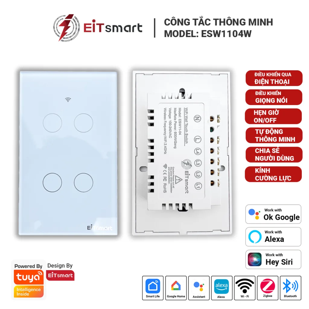 Công tắc thông minh WiFi EITSmart 4 nút mặt kính Full Glass ESW1104