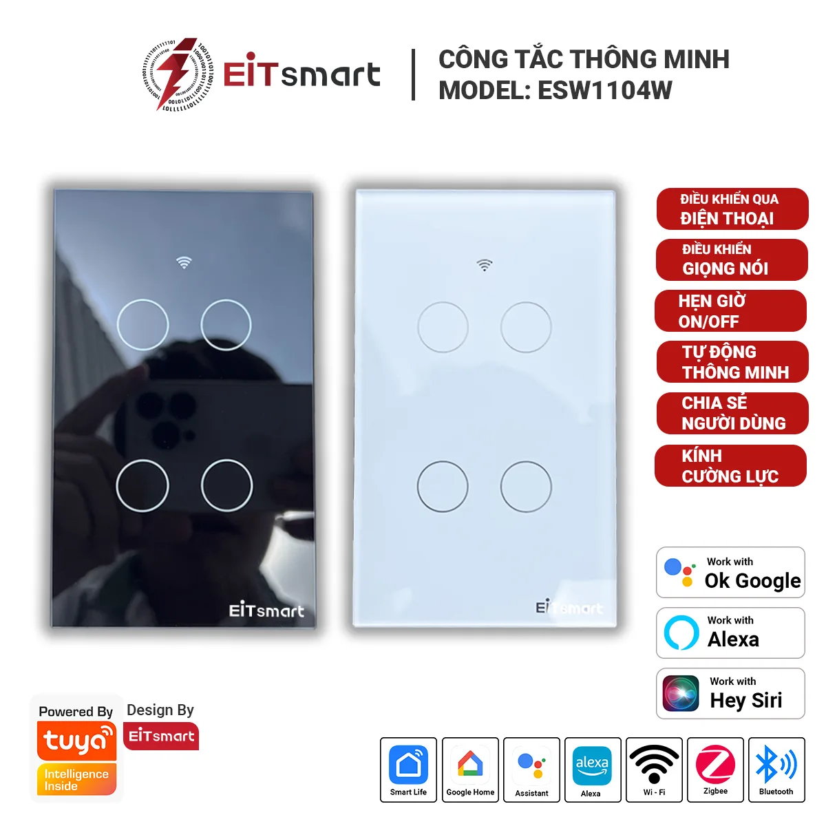 Công tắc thông minh WiFi EITSmart 4 nút mặt kính Full Glass ESW1104